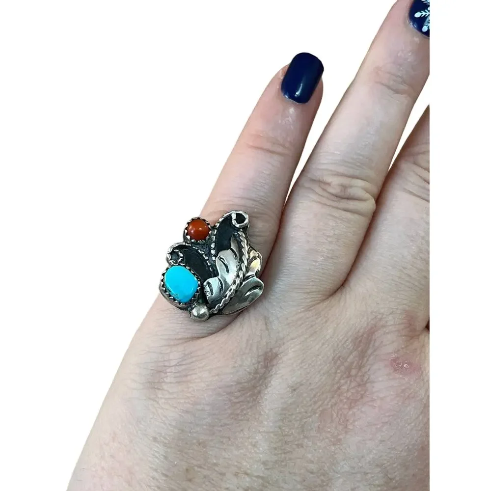 Vintage sterling silver turquoise and coral Native American ring size 5.5 - Picture 7 of 9